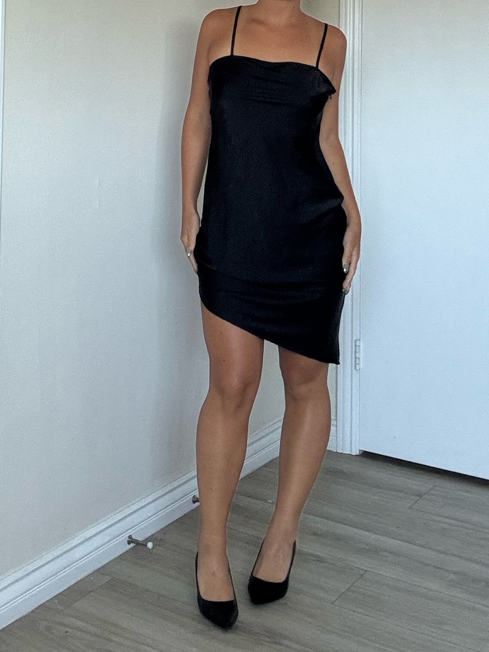 Forever 21 Black Satin Slip Mini Dress with Adjustable Spaghetti Straps